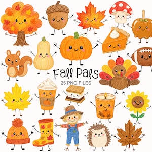 Könnte beinhalten: Eine Sammlung bunter, handgezeichneter Illustrationen mit dem Titel Fall Pals 25 PNG FILES, die anthropomorphe herbstliche Charaktere wie einen Baum, eine Eichel, Blätter, einen Pilz, einen Kürbis, einen Truthahn, ein Eichhörnchen und eine Vogelscheuche zeigen.