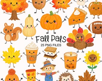 Cute Fall Clipart - Crayon Doodle - Kawaii - Autumn Characters Png - Commercial Use