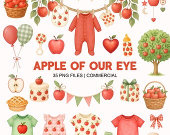 Apple Baby Clipart - Watercolor - Apple Of My Eye PNG, Baby Shower Digital Download - Commercial Use