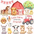 Cute Farm Clipart - Watercolor - Farm Animals Png - Cow - Pig - Horse - Sheep - Barnyard - Commercial Use