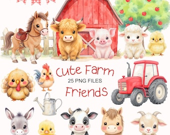 Cute Farm Clipart - Watercolor - Farm Animals Png - Cow - Pig - Horse - Sheep - Barnyard - Commercial Use