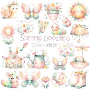 Cute Spring Clipart - Watercolor - Spring Doodles Png - High Quality - Pastel Spring Clipart - Bundle - Butterfly Png - Commercial Use