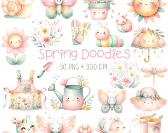 Leuke lente clipart - aquarel - lente doodles png - hoge kwaliteit - pastel lente clipart - bundel - vlinder png - commercieel gebruik