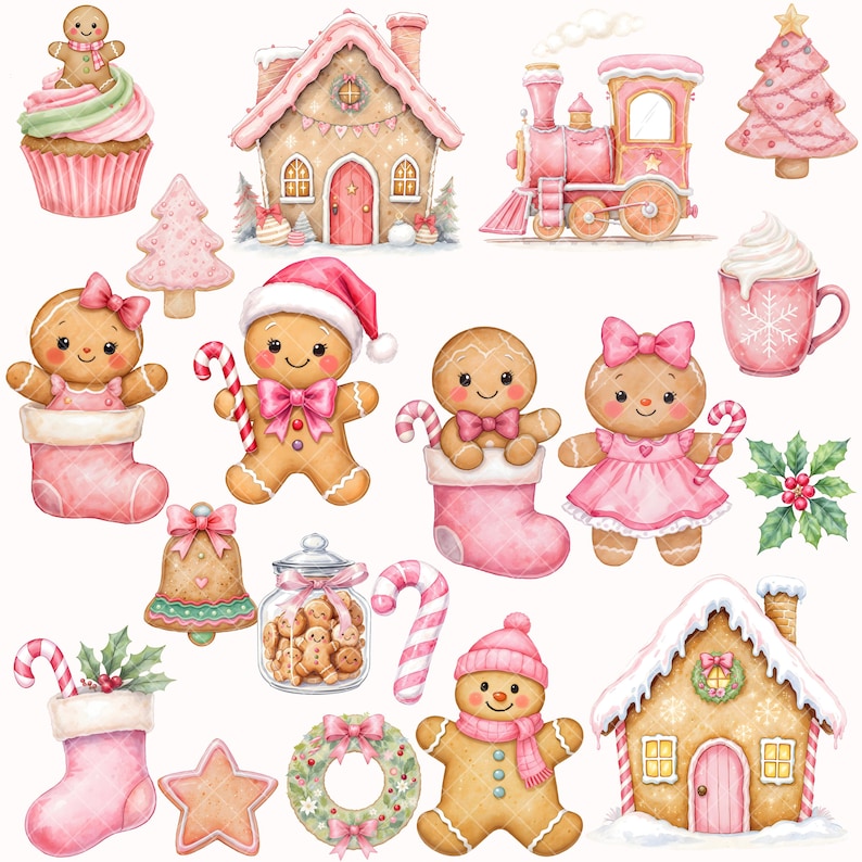 Rosa pepparkaks Clipart Bundle - Akvarell - Jul Png - Pepparkakaka - Pepparkaksflicka - Pepparkakspojke - Kommersiellt bruk bild 10