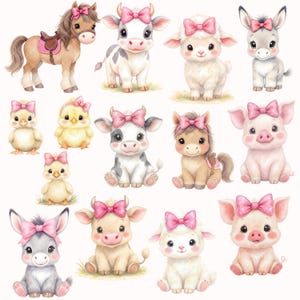 May include: Watercolor illustrations of various farm animals, including a horse, cow, sheep, donkey, chicks, and pig. Each animal is adorned with a pink bow. The artwork has a soft, pastel color palette, creating a cute and whimsical aesthetic.