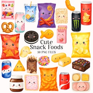 Può includere: Una collezione di illustrazioni ad acquerello raffiguranti vari snack con faccine sorridenti, tra cui sacchetti di patatine, lattine di bibite, biscotti, un brownie, cracker e caramelle, con il testo Cute Snack Foods 30 PNG FILES al centro.