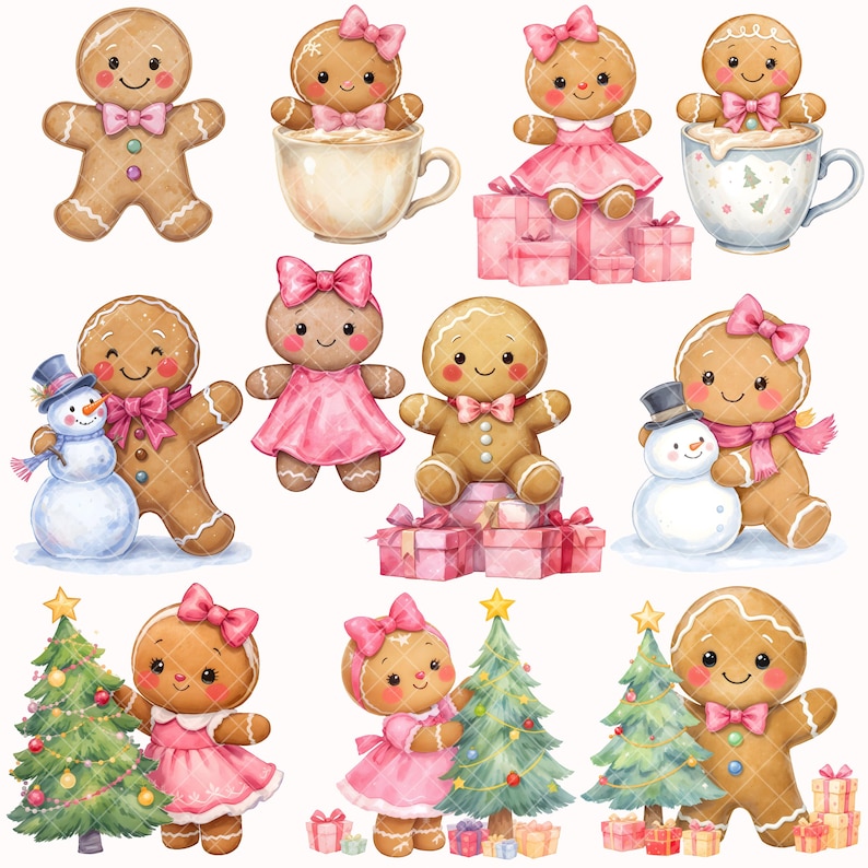 Rosa pepparkaks Clipart Bundle - Akvarell - Jul Png - Pepparkakaka - Pepparkaksflicka - Pepparkakspojke - Kommersiellt bruk bild 2