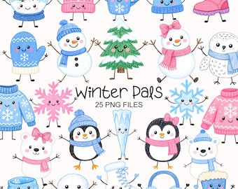 Cute Winter Clipart - Watercolor - Winter Characters - Snowman - Commercial Use