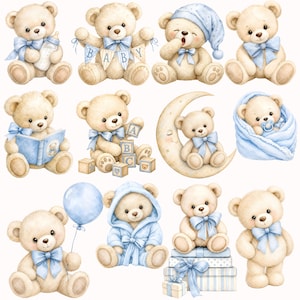 Imágenes prediseñadas de ositos de peluche - Acuarela - Decoración infantil - Imágenes prediseñadas para baby shower - Uso comercial imagen 7