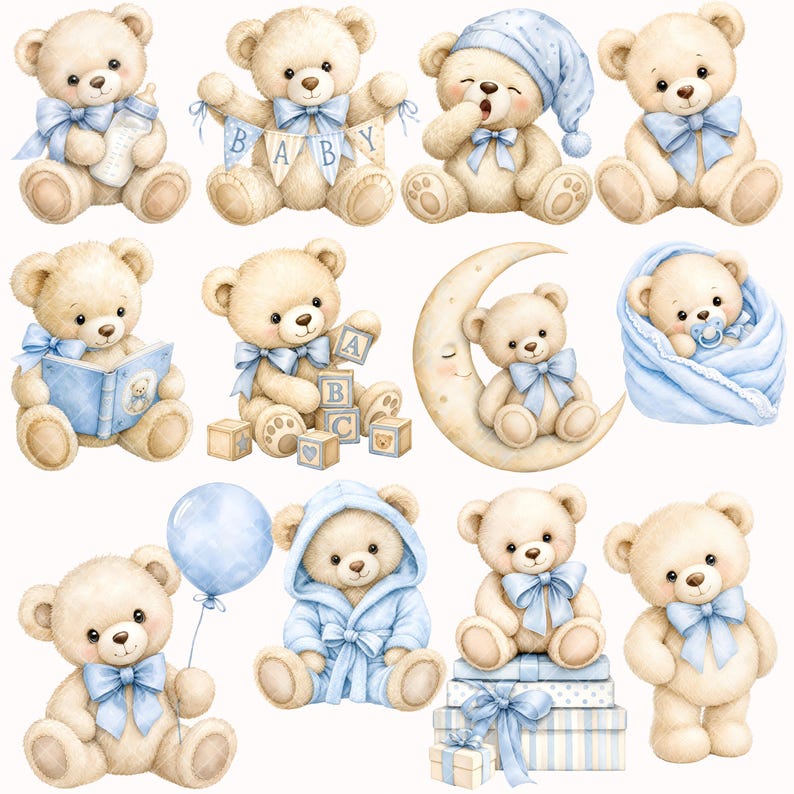 Imágenes prediseñadas de ositos de peluche - Acuarela - Decoración infantil - Imágenes prediseñadas para baby shower - Uso comercial imagen 7