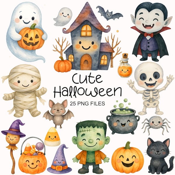 Cute Halloween Clipart - Watercolor - Kawaii Png - Ghost - Frankenstein - Vampire - Halloween Png - Kid's Clipart Bundle - Commercial Use