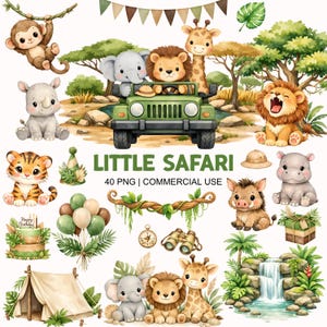May include: Watercolor illustration of a safari theme with cute animals, including a monkey, elephant, lion, giraffe, rhino, and tiger. The image includes a green jeep, a birthday cake, and the text "LITTLE SAFARI".
