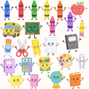 May include: A collection of colorful school supply illustrations featuring anthropomorphic characters with smiling faces, including crayons, a school bus, a chalkboard, a globe, a calculator, scissors, a glue stick, a notebook, and a paint palette.