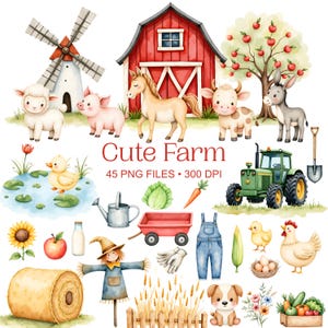 Cute Farm Clipart - Watercolor - Farm Animals Png - High Quality - Barn - Tractor - Cow - Horse - Pig - Sheep - Duck - Commercial Use
