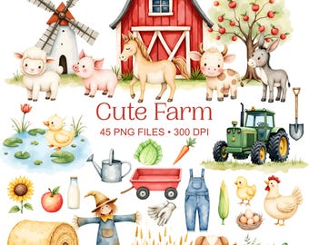 Cute Farm Clipart - Watercolor - Farm Animals Png - High Quality - Barn - Tractor - Cow - Horse - Pig - Sheep - Duck - Commercial Use