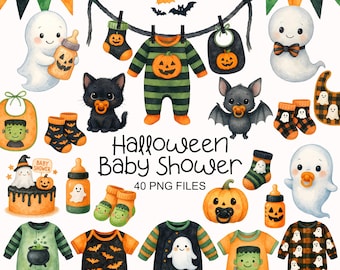 Cute Halloween Clipart - Watercolor - Nursery Png - Halloween Baby Shower Clipart - Halloween Png - Kid's Clipart Bundle - Commercial Use