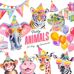 May include: A set of 30 digital clipart images featuring party animals wearing party hats and glasses. The animals include a tiger, elephant, crocodile, giraffe, hippopotamus, monkey, and zebra. The images are perfect for creating invitations, cards, and other party decorations.