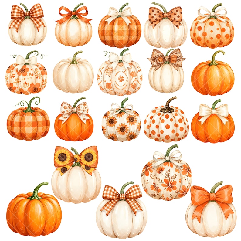 May include: A collection of watercolor pumpkins in various styles. Some are orange, others are white, and some have decorative patterns like polka dots, sunflowers, and plaid. Many are adorned with bows in coordinating colors, perfect for fall decor.