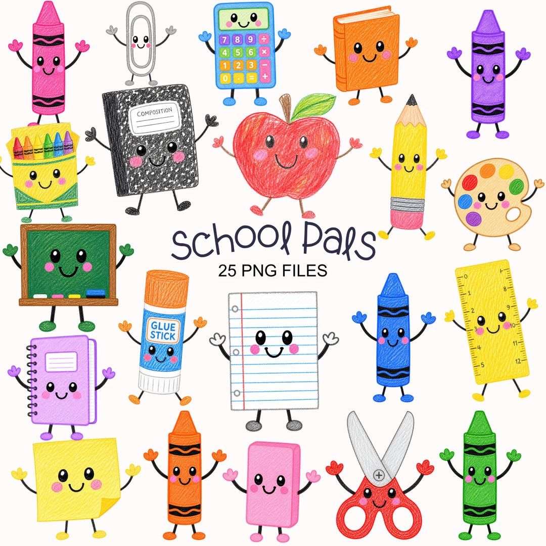Cute School Clipart - Watercolor - School Characters - Supplies - Commercial Use