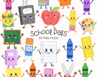 Cute School Clipart - Watercolor - School Characters - Supplies - Commercial Use