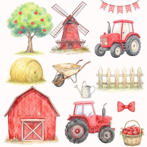 May include: Watercolor illustration of farm elements including a red barn, tractor, windmill, apple tree, hay bale, wheelbarrow, watering can, fence, bow, and a basket of apples. The artwork has a rustic, country theme.