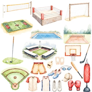 May include: Watercolor illustrations of various sports equipment and clothing.  The set includes a baseball field, football field, basketball hoop, boxing ring, soccer goal, swimming pool, golf club, baseball bat, boxing gloves, a punching bag, a whistle, goggles, cleats, a baseball uniform, a basketball uniform, and a baseball cap.