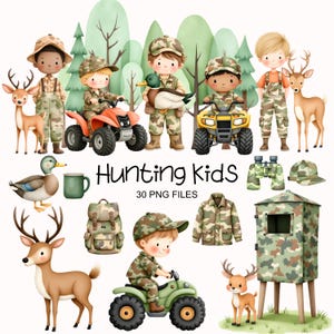 May include: A digital illustration featuring the text "Hunting Kids" and various hunting-themed elements. The image includes cartoon children in camouflage outfits, ATVs, deer, ducks, binoculars, and a hunting blind. The words "30 PNG FILES" are also present.