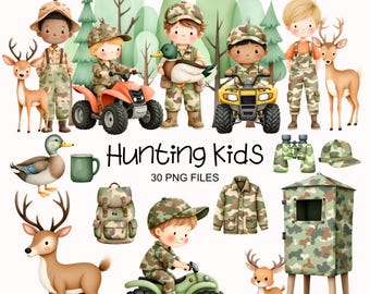 Kids Hunting Clipart - Watercolor - Camouflage - Deer Hunting - Duck Hunting - ATV - Outdoors - Commercial Use