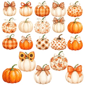 May include: A collection of watercolor pumpkins in various styles. Some are orange, others are white, and some have decorative patterns like polka dots, sunflowers, and plaid. Many are adorned with bows in coordinating colors, perfect for fall decor.