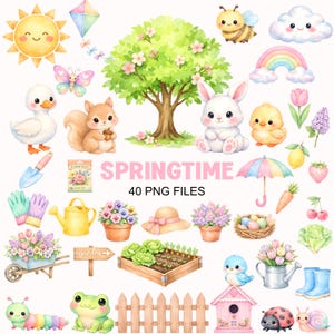 Clipart de primavera en acuarela - Lindos PNG de primavera - Jardín - Mariposa - Conejito - Uso comercial