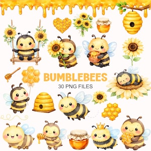Puede incluir: Ilustración en acuarela con adorables abejorros de dibujos animados con girasoles, tarros de miel y colmenas. La imagen incluye el texto "BUMBLEBEES" y "30 PNG FILES". La paleta de colores es principalmente amarilla, marrón y azul.