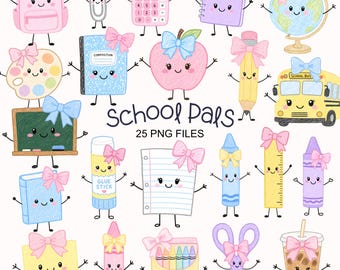 Pastel School Clipart - Cute School Characters - Crayon Doodles - Commercial Use