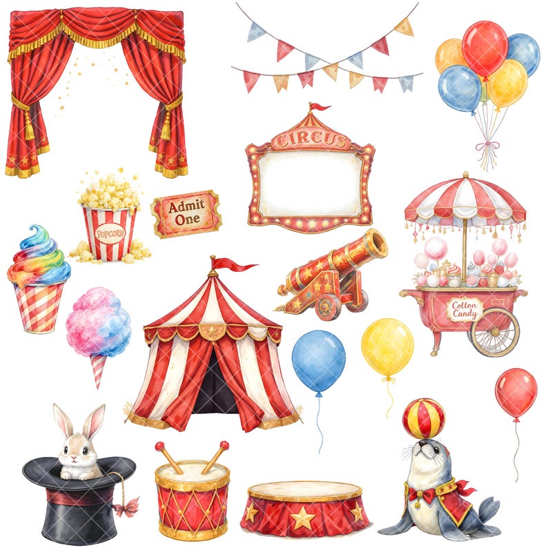 May include: A watercolour illustration featuring circus-themed elements. It includes a red and white striped tent, popcorn, balloons, a seal balancing a ball, and a cotton candy cart. Other items include a stage, a cannon, and a rabbit in a top hat.