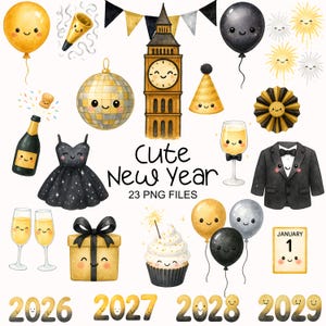 Lindo clipart de Año Nuevo - Acuarela - Kawaii Png - Sublima de Nochevieja - Clipart para niños - Uso comercial