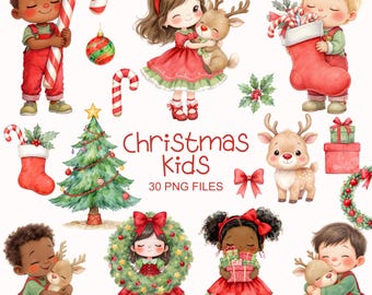 May include: A watercolour illustration of Christmas-themed children and festive elements. The image includes children in red and green outfits, reindeer, candy canes, Christmas stockings, a decorated tree, and the text "Christmas Kids".