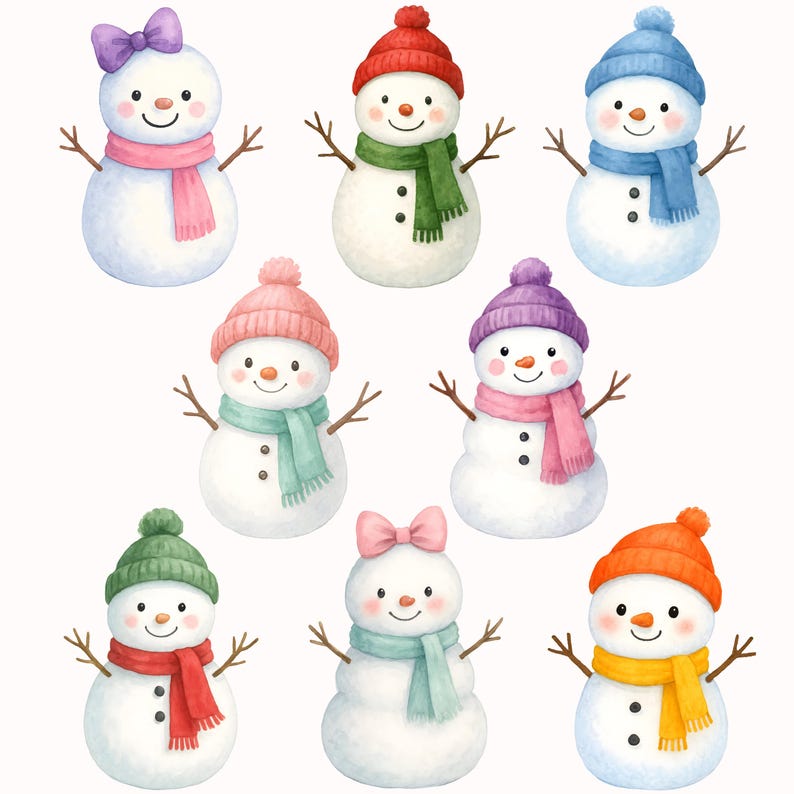 May include: Watercolor illustration of eight snowmen with various colored hats, scarves, and bows. Each snowman has a smiling face, twig arms, and three black button details. The snowmen are in shades of white, blue, pink, green, purple, and orange.