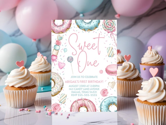 Sweet One Invite - Editable - Birthday - Canva template - Desserts - Digital download - Printable - First Birthday