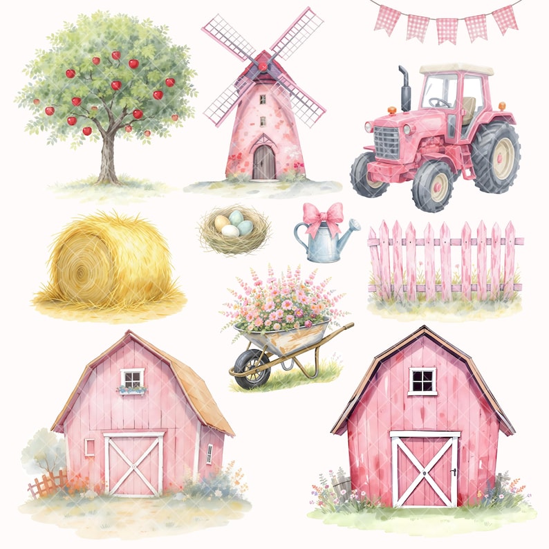 May include: Watercolor illustration of a farm scene with a pink tractor, windmill, and barns. A tree with red apples, a haystack, and a wheelbarrow filled with flowers are also depicted. A watering can with a pink bow and a nest with eggs are also shown.