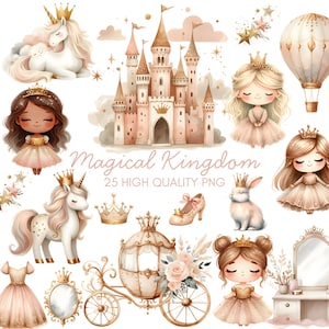 Cute Princess Clipart - Watercolor - Fairytale Png - High Quality - Unicorn Clipart - Princess Castle Png - Magical Kingdom - Commercial Use