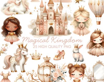 Cute Princess Clipart - Watercolor - Fairytale Png - High Quality - Unicorn Clipart - Princess Castle Png - Magical Kingdom - Commercial Use