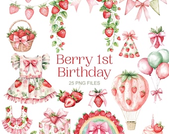 Clipart d'anniversaire de baies - aquarelle - fraise Png - haute qualité - clipart baby shower - anniversaire Png - premier Png de baies - usage Commercial