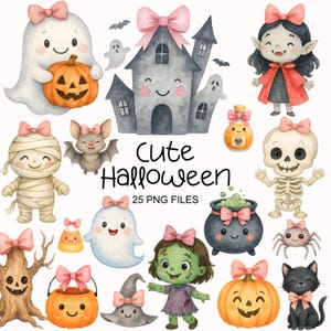 May include: A collection of watercolour illustrations featuring adorable Halloween characters. Includes a ghost, mummy, bat, vampire, skeleton, witch, black cat, and a haunted house. The text "Cute Halloween" and "25 PNG FILES" are also present.