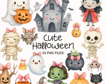 Può includere: Illustrazioni ad acquerello di simpatici personaggi di Halloween, tra cui un fantasma con una zucca, una mummia, un pipistrello, un vampiro, uno scheletro, una strega, un gatto nero e una casa infestata. Il testo "Cute Halloween" e "25 PNG FILES" sono inclusi.