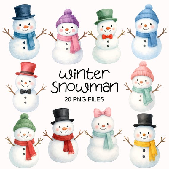 Watercolor Snowman Clipart - Cute Winter Png - Snowman Sublimination - High Quality - Snowman Images - Commercial Use