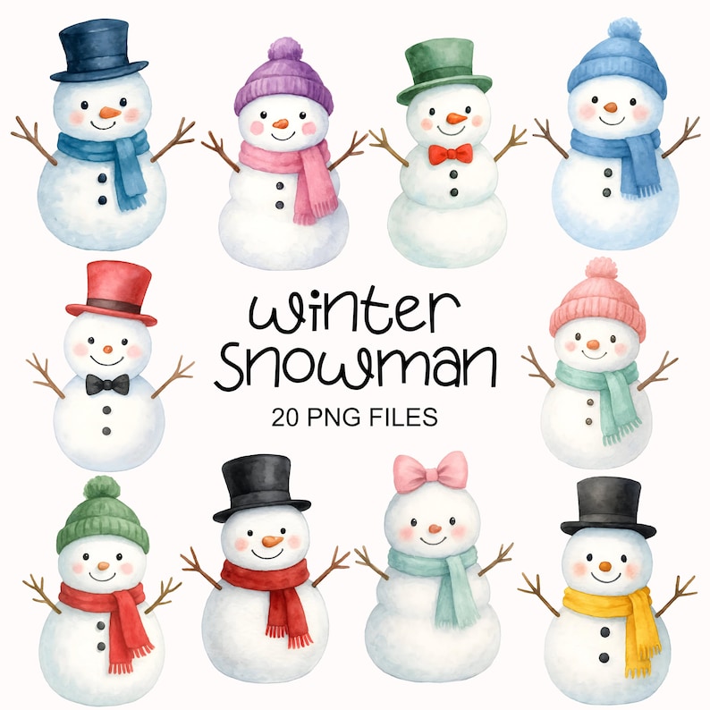 May include: Watercolor illustration of multiple snowmen wearing hats, scarves, and bowties. The snowmen have twig arms and button eyes. The text "Winter Snowman" and "20 PNG FILES" is also included.