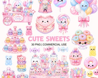Könnte beinhalten: Eine Sammlung von Illustrationen pastellfarbener Süßigkeiten mit einem Zuckerwattewagen, Kaugummiautomat, Cupcakes, Donuts, Lollis, Gummibärchen und Luftballons. Der Text lautet CUTE SWEETS 30 PNG | COMMERCIAL USE in rosa und schwarzer Schrift.