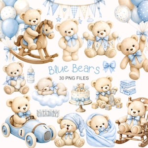 Imágenes prediseñadas de ositos de peluche - Acuarela - Decoración infantil - Imágenes prediseñadas para baby shower - Uso comercial