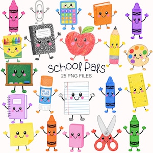 May include: A collection of colorful, hand-drawn style school supply illustrations with smiling faces, including crayons, a calculator, a notebook, an apple, a pencil, a palette, a chalkboard, a glue stick, paper, a ruler, an eraser, and scissors.