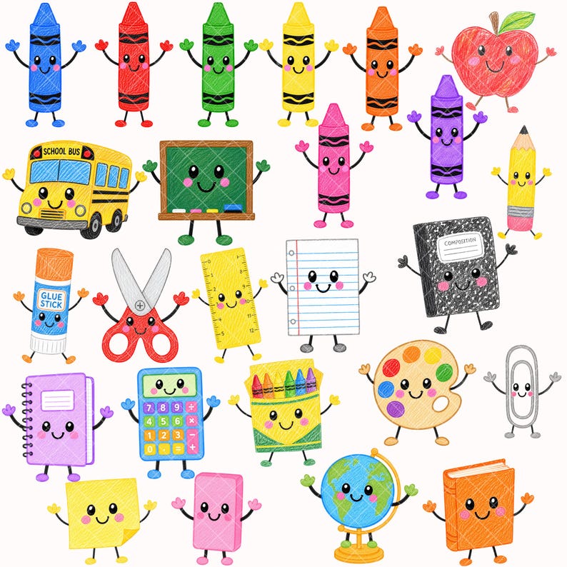 May include: A collection of colorful school supply illustrations featuring anthropomorphic characters with smiling faces, including crayons, a school bus, a chalkboard, a globe, a calculator, scissors, a glue stick, a notebook, and a paint palette.