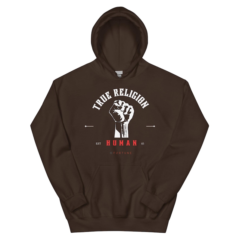 True Religion Human Raised Fist Hoodie, Unisex Black Graphic Sweatshirt, Activist Streetwear, Social Justice Gift, Urban Fashion Pullover